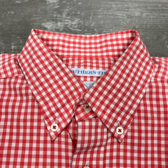 Southern Tide Coral & White Check Plaid Shirt M - Picture 2 of 4
